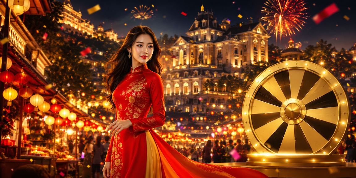 Cô gái mặc áo dài tại Đà Lạt tham gia vòng quay may mắn lucky draw trên ứng dụng di động 735
