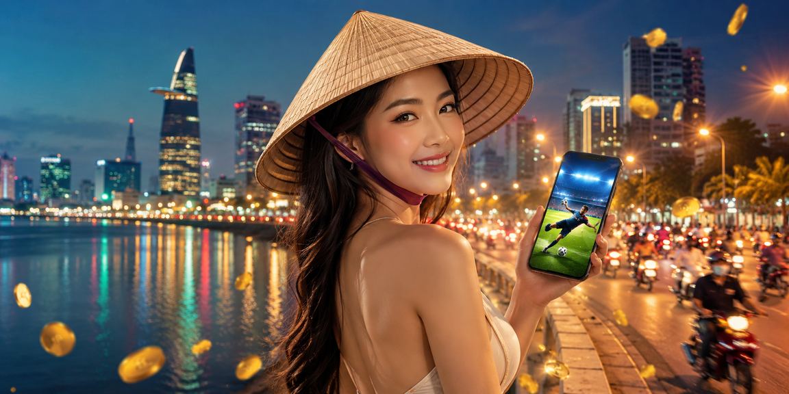 Người phụ nữ đội nón lá tại TP.HCM theo dõi kèo thể thao và giải thưởng bóng đá trực tuyến trên điện thoại